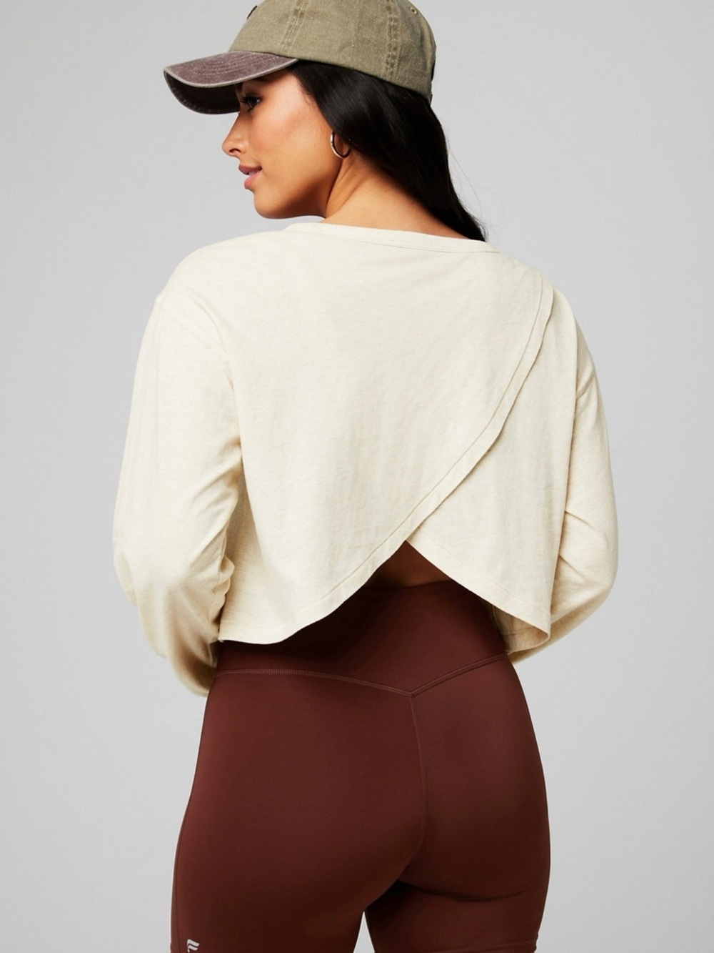 Fabletics Ivory Heather Cropped Boxy Long Sleeve Top Size L Open Back
